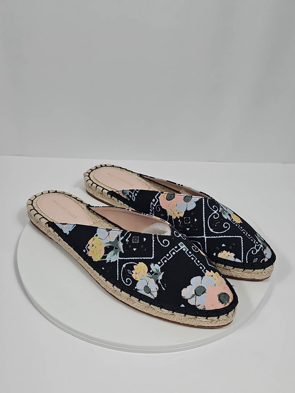 Avec Les Filles Val Espadrille Mule Slides Black Poppy Floral 9.5 NIB Whimsical